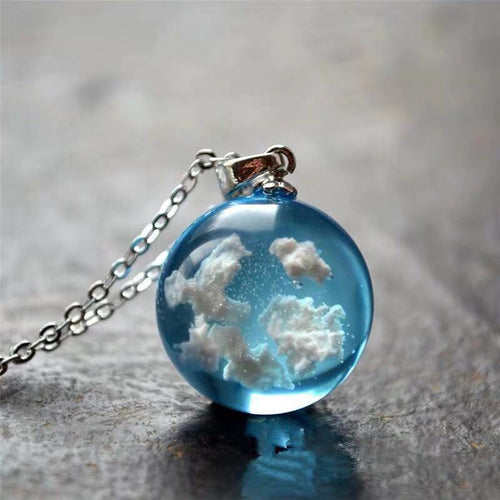Chic Transparent Resin Rould Ball Moon Pendant Necklace Women Blue Sky White Cloud - ArsaOne