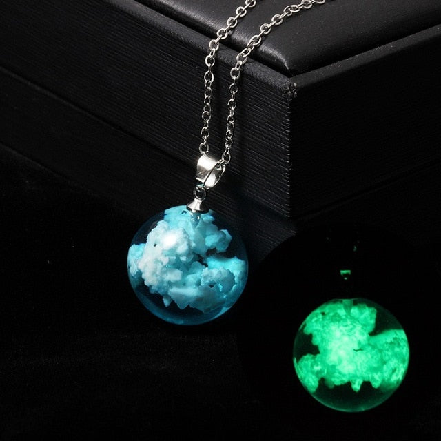 Chic Transparent Resin Rould Ball Moon Pendant Necklace Women Blue Sky White Cloud - ArsaOne