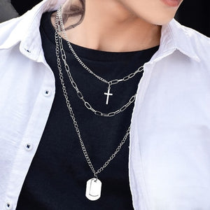 Hip Hop Multilayer Necklace Metal Cross Pendant Silver Color Chain Necklace - ArsaOne