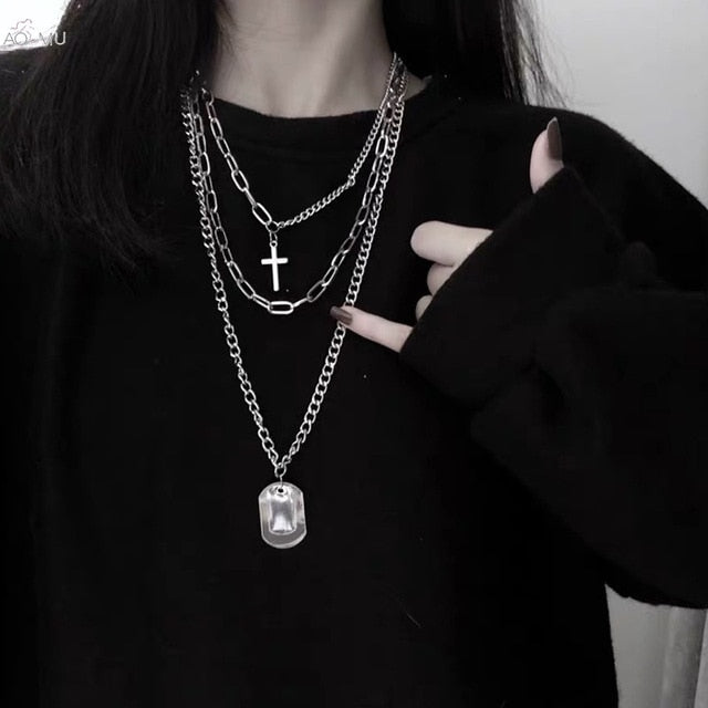 Hip Hop Multilayer Necklace Metal Cross Pendant Silver Color Chain Necklace - ArsaOne