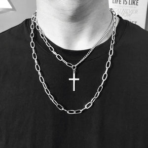 Hip Hop Multilayer Necklace Metal Cross Pendant Silver Color Chain Necklace - ArsaOne