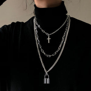 Hip Hop Multilayer Necklace Metal Cross Pendant Silver Color Chain Necklace - ArsaOne