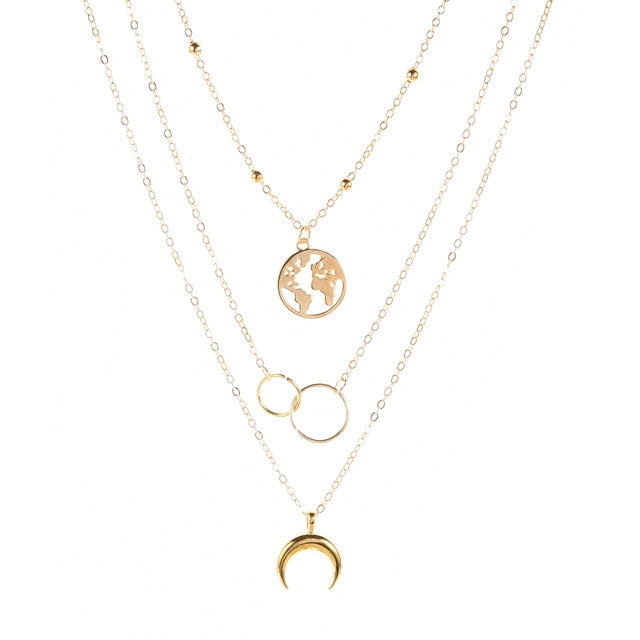 Retro Moon World Map Circle Pendant Multilayer Gold Colodr Necklace Party Charm - ArsaOne