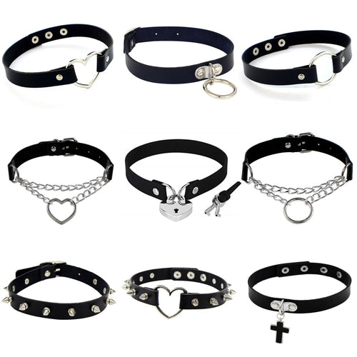 Punk PU Leather Lock Key Heart Round Spike Rivet Collar Studded Choker Necklace - ArsaOne