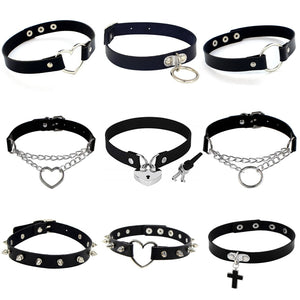 Punk PU Leather Lock Key Heart Round Spike Rivet Collar Studded Choker Necklace - ArsaOne