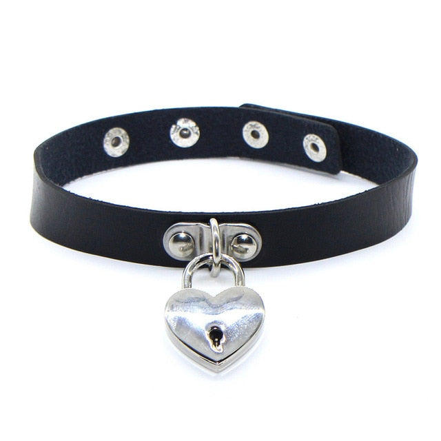 Punk PU Leather Lock Key Heart Round Spike Rivet Collar Studded Choker Necklace - ArsaOne