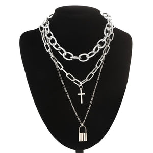 Ars Layered Chain Necklace Neck Chains Lock Pendant Jewelry For Women Punk Choker Padlock Goth - ArsaOne