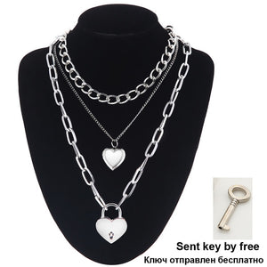 Ars Layered Chain Necklace Neck Chains Lock Pendant Jewelry For Women Punk Choker Padlock Goth - ArsaOne