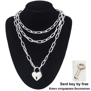 Ars Layered Chain Necklace Neck Chains Lock Pendant Jewelry For Women Punk Choker Padlock Goth - ArsaOne